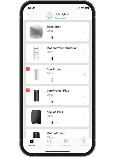 Interface de l’application AJAX montrant les périphériques connectés
